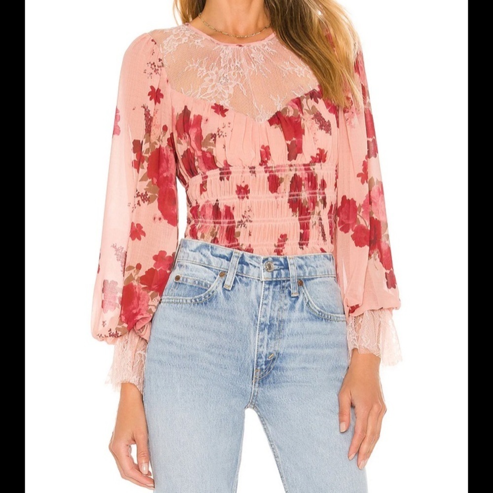 Free People Floral Pink Lace Blouse